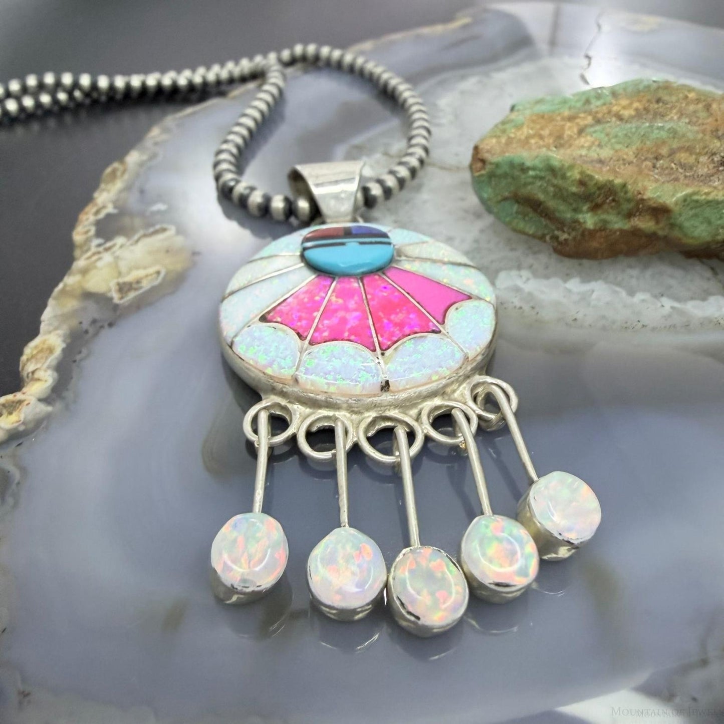 Amy Quandelacy Zuni Sterling Silver Sunface Opal,Turquoise,Coral Decorated Pendant