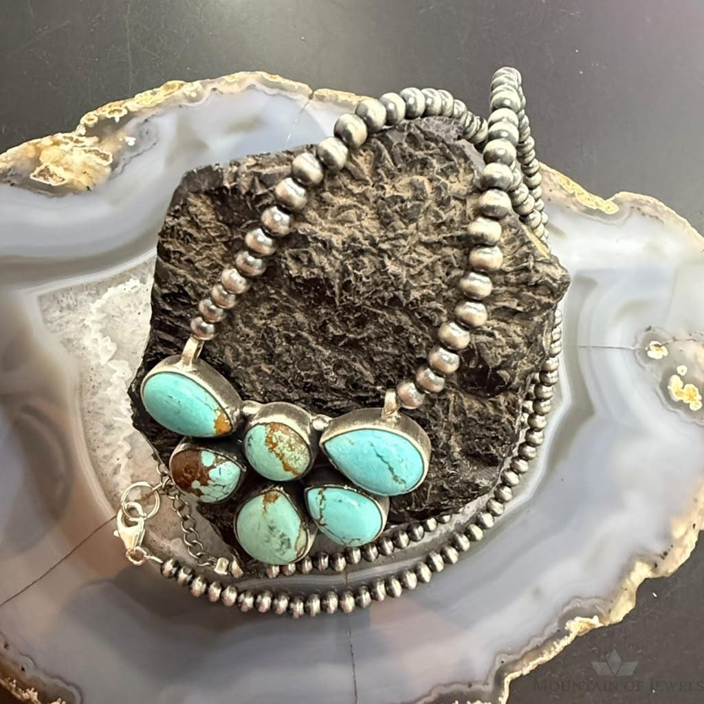 Sterling Silver Southwestern Style Turquoise #8 Cluster 23" Lariat Necklace For Women