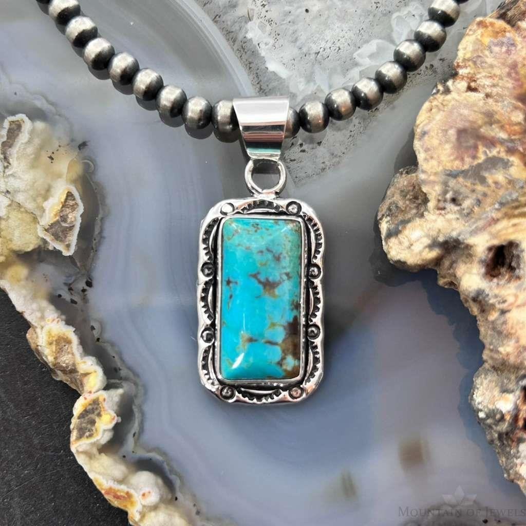 Native American Sterling Silver Rectangle Turquoise Decorated Pendant For Women