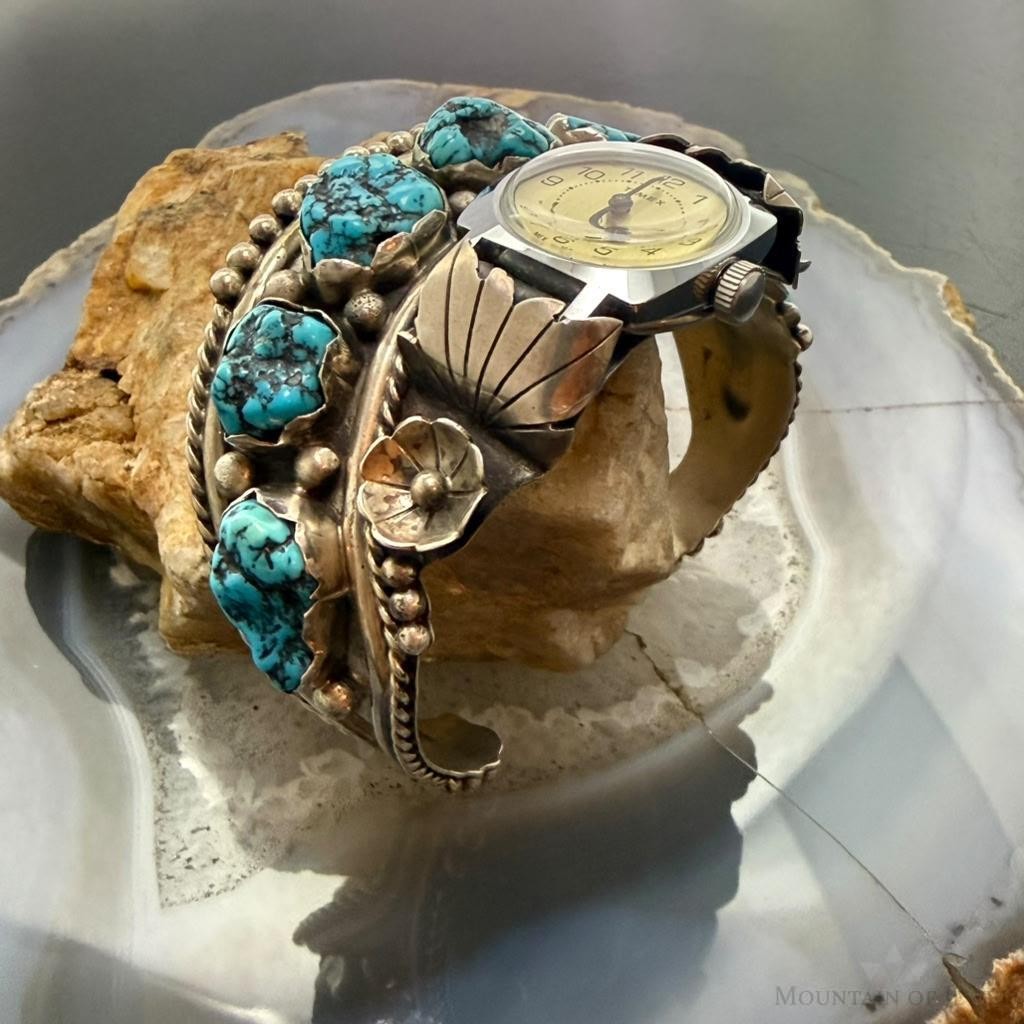 Vintage Steven B Native American Silver Rough Turquoise Watch Bracelet For Women