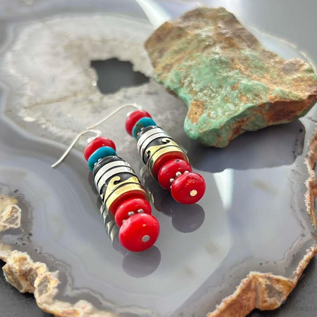 Tommy & Rosita Singer Sterling  Silver Coral, Onyx, Turquoise Bead Dangle Earrings For Women