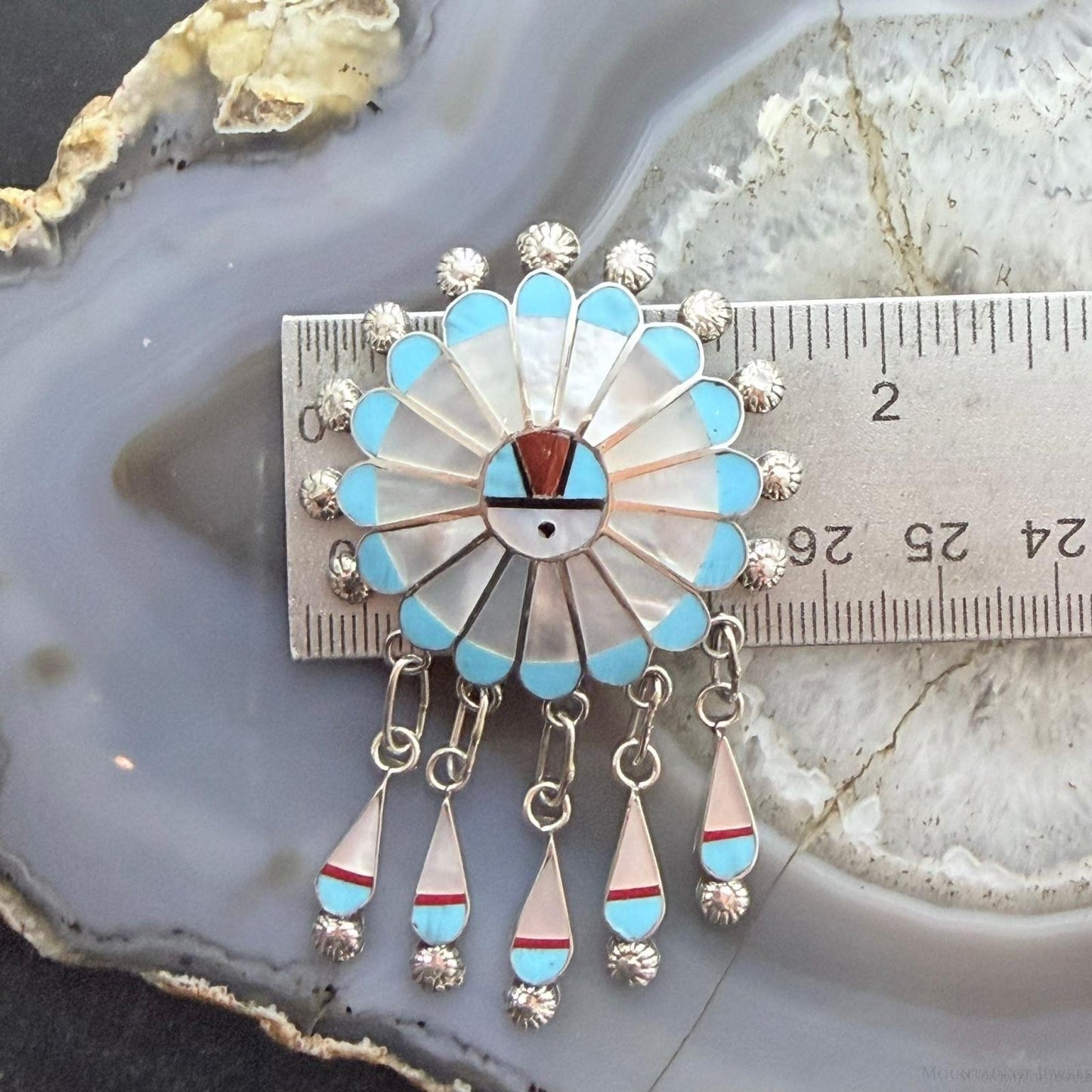 Abel Soseeah Zuni Native American Sterling Silver Inlay Sunface Pendant/Brooch For Women