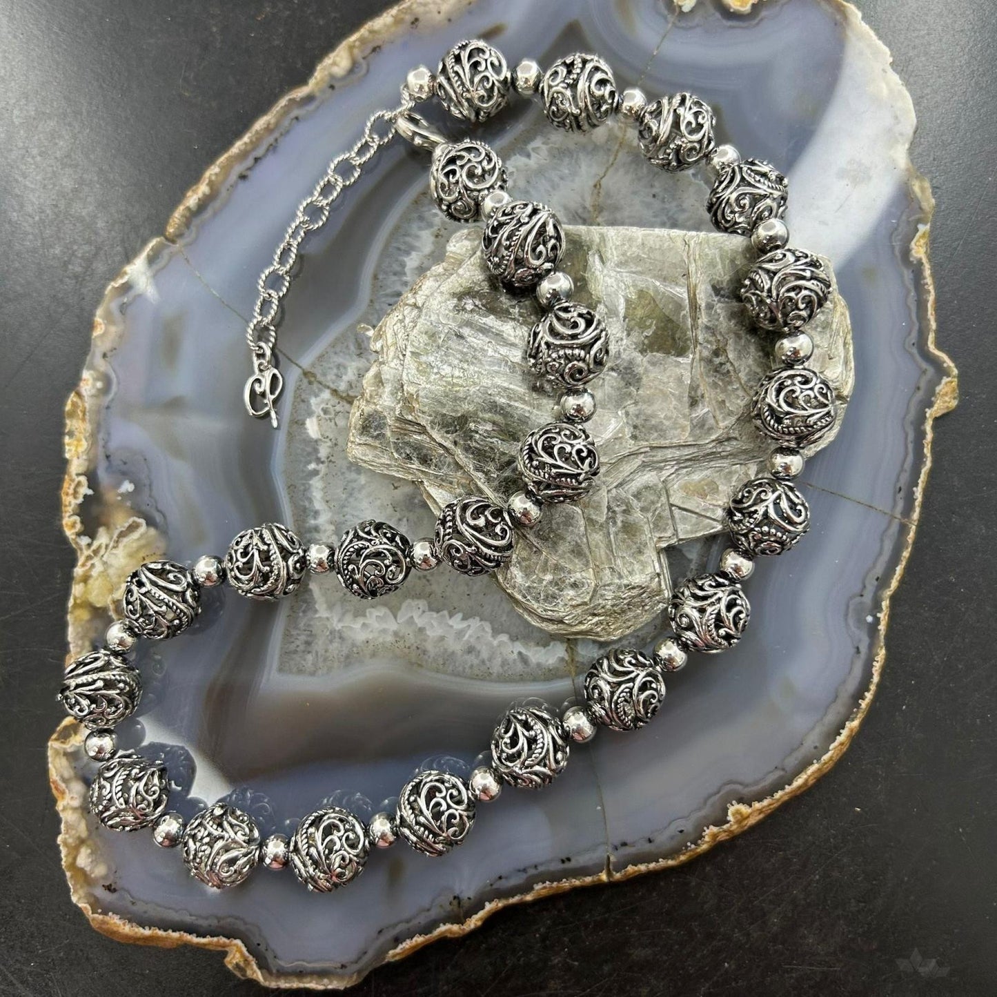 Carolyn Pollack Sterling Silver Decorated Swirl Hallow Beaded Necklace For Women