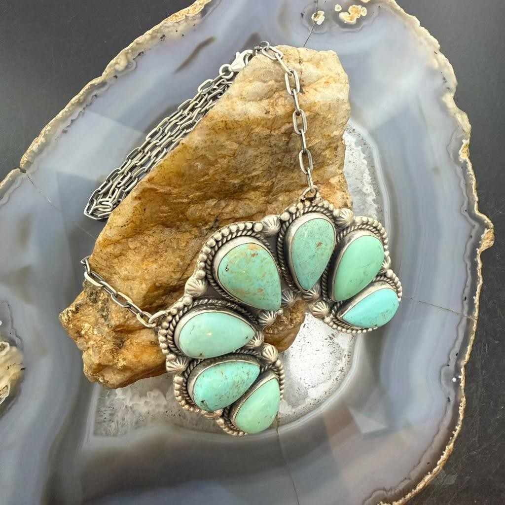 Sterling Silver Southwestern Style 7 Teardrop Royston Turquoise Naja Necklace For Women