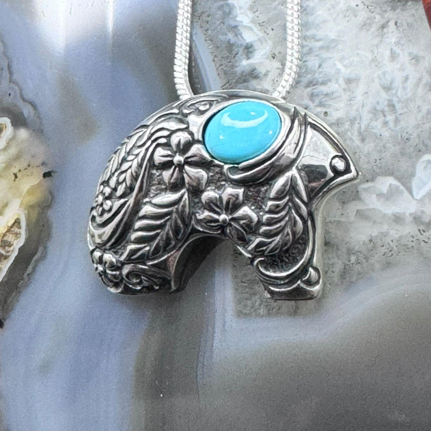 Carolyn Pollack Sterling Silver Sleeping Beauty Turquoise Fetish Bear Pendant Necklace