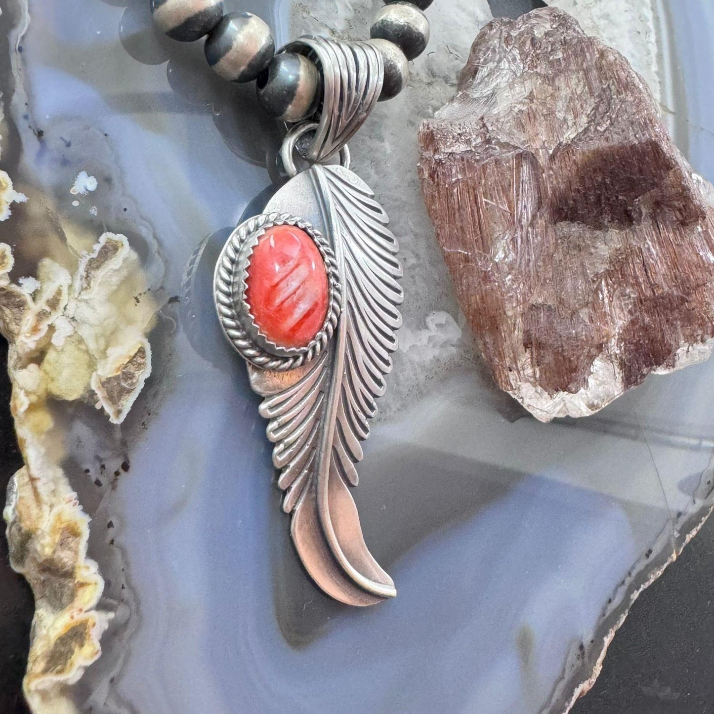 Native American Sterling Silver Orange Spiny Oyster Feather Pendant For Women