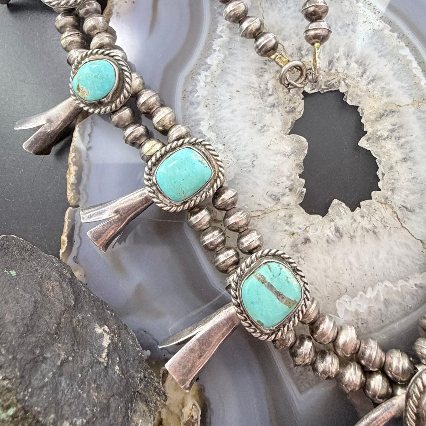 Vintage Native American Sterling Silver Kingman Turquoise Squash Blossom For Women