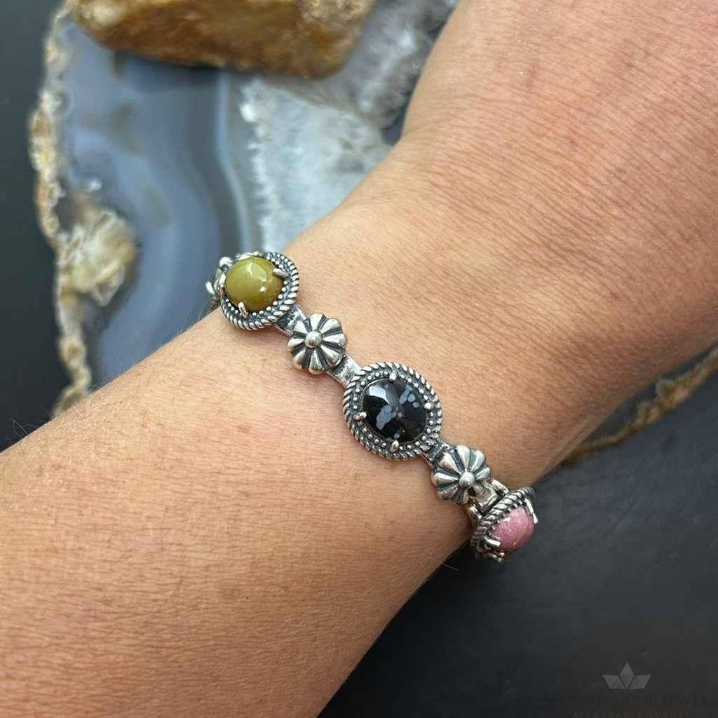 Carolyn Pollack Sterling Silver 7 Oval Multi-Stone Decorated 8" Link Bracelet For Women