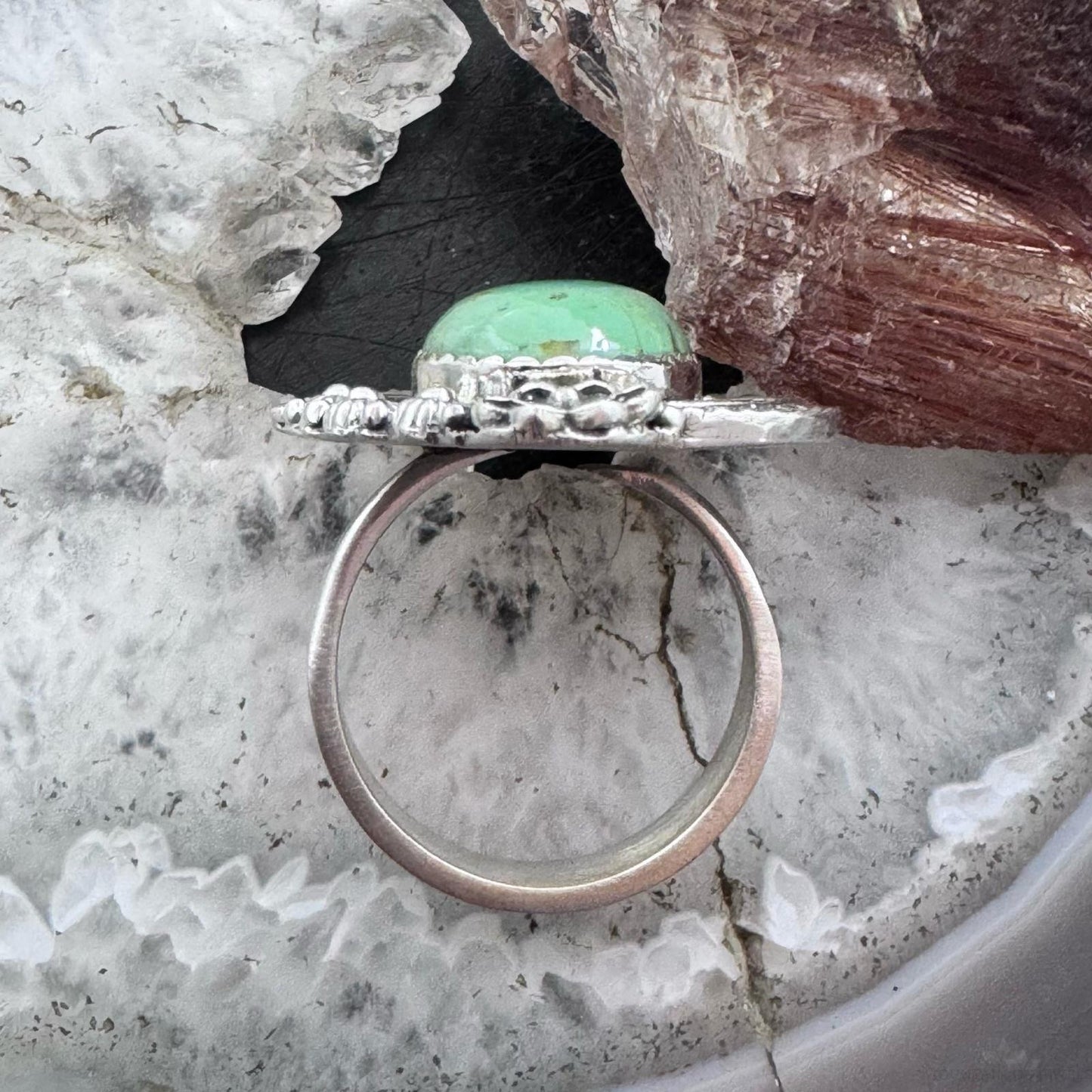 Sterling Silver Southwestern Style Oval Green Turquoise Adjustable Decorated Ring For Women