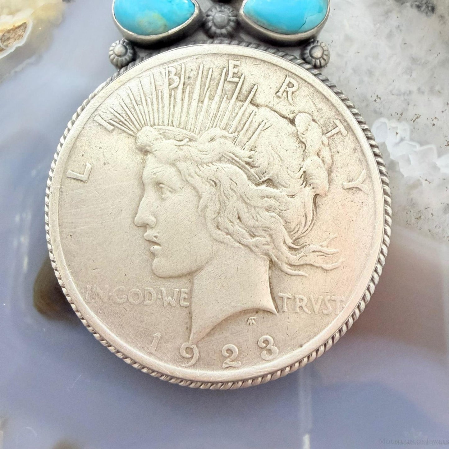 Genuine 1923 90% Peace Silver Dollar Coin Teardrop Turquoise Decorated Pendant
