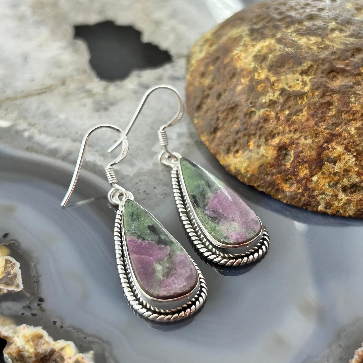Sterling Silver Southwestern Style Teardrop Ruby Zoisite Dangle Earrings For Women