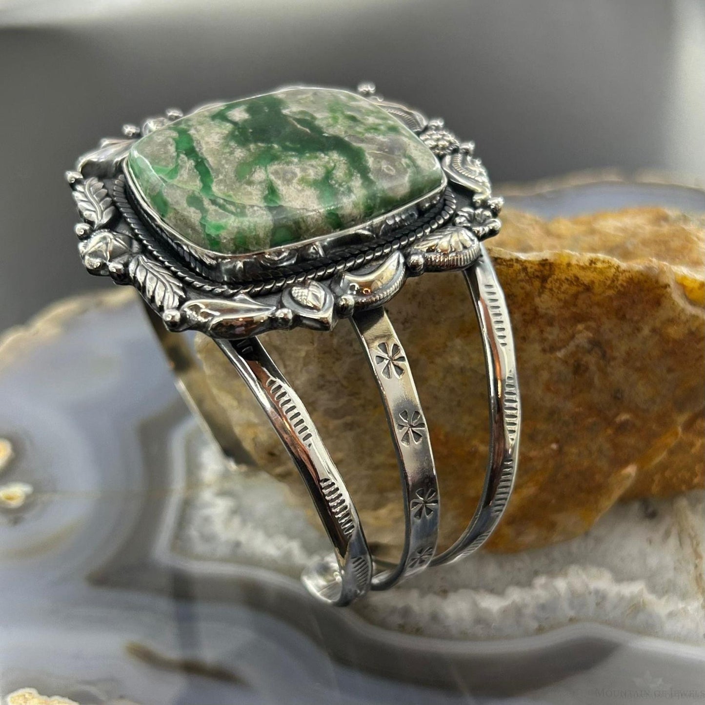 Sterling Silver Southwestern Style Square Variscite Decorated Bracelet For Women