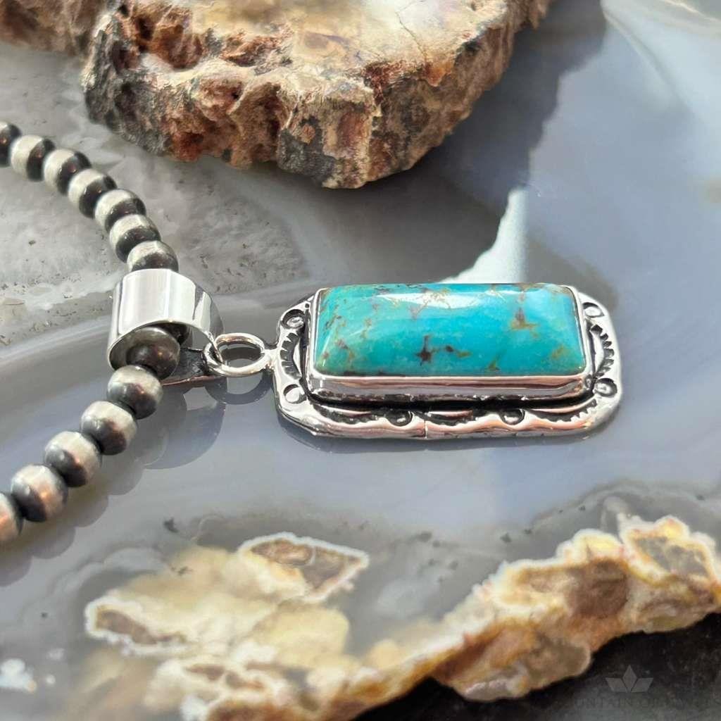 Native American Sterling Silver Rectangle Turquoise Decorated Pendant For Women