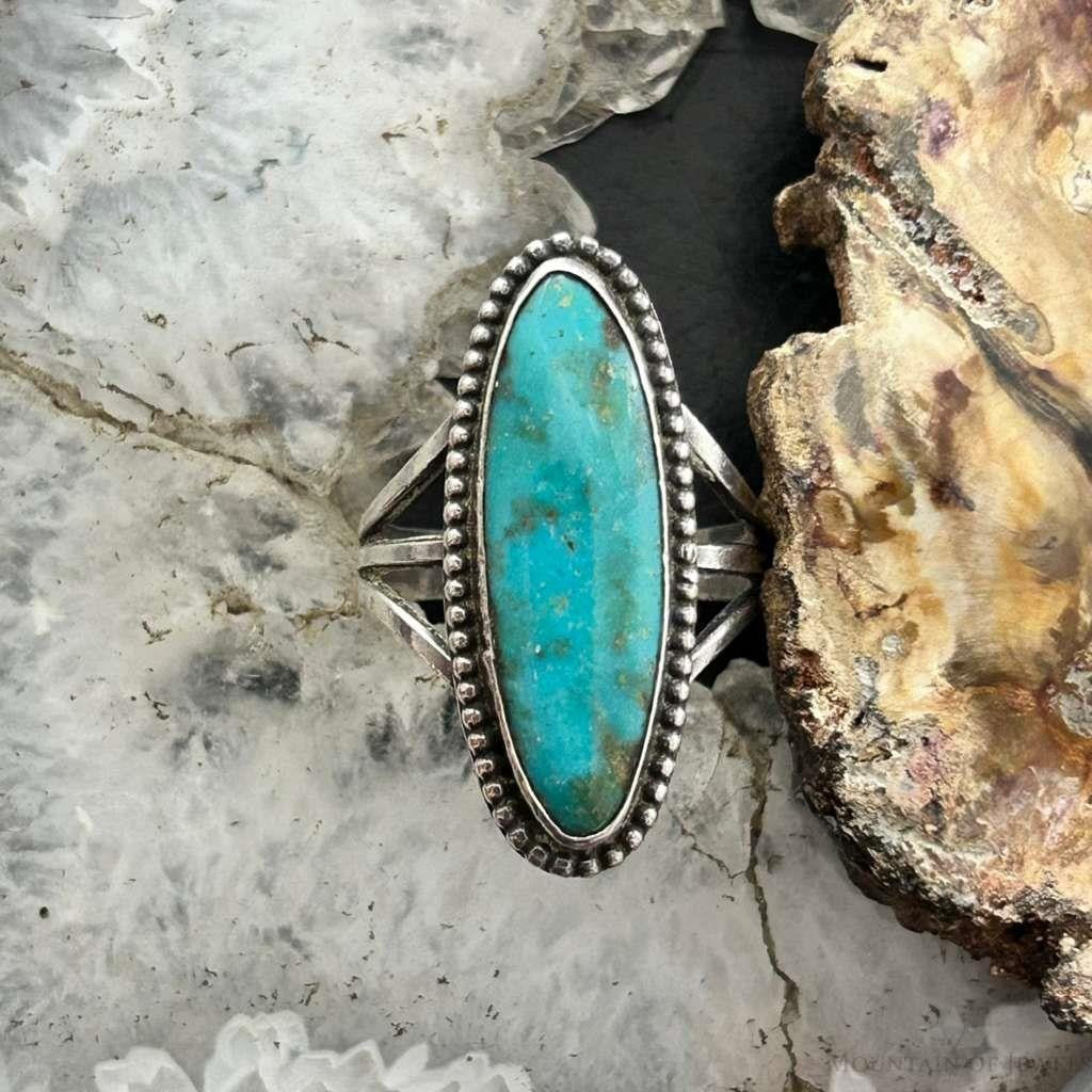 Vintage Native American Silver Oval Turquoise Split Shank Ring Size 8.5 For Women