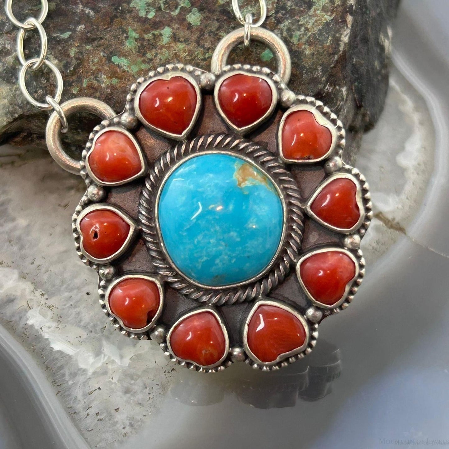Native American Sterling Silver Round Turquoise &Coral Heart Cluster Pendant W/Necklace For Women
