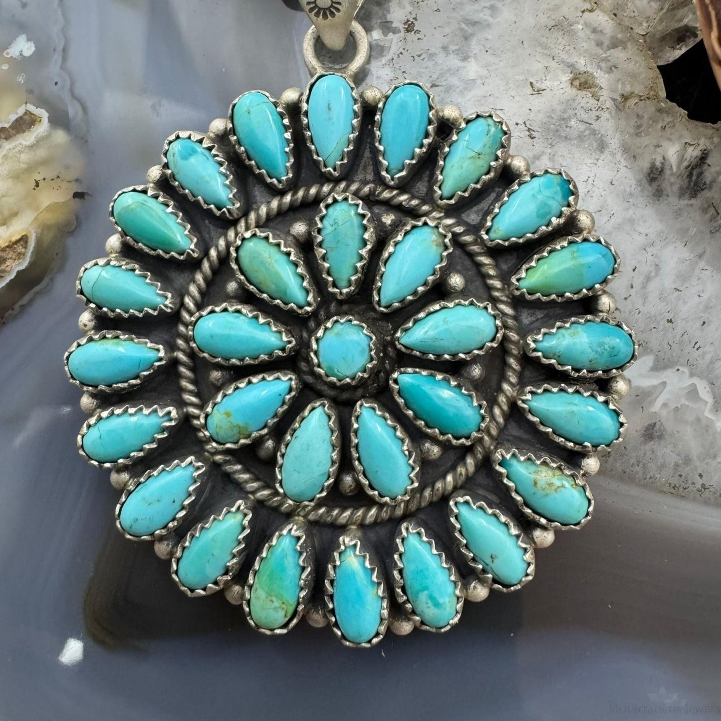 Sterling Silver Southwestern Style Teardrop Turquoise Round Cluster Pendant For Women