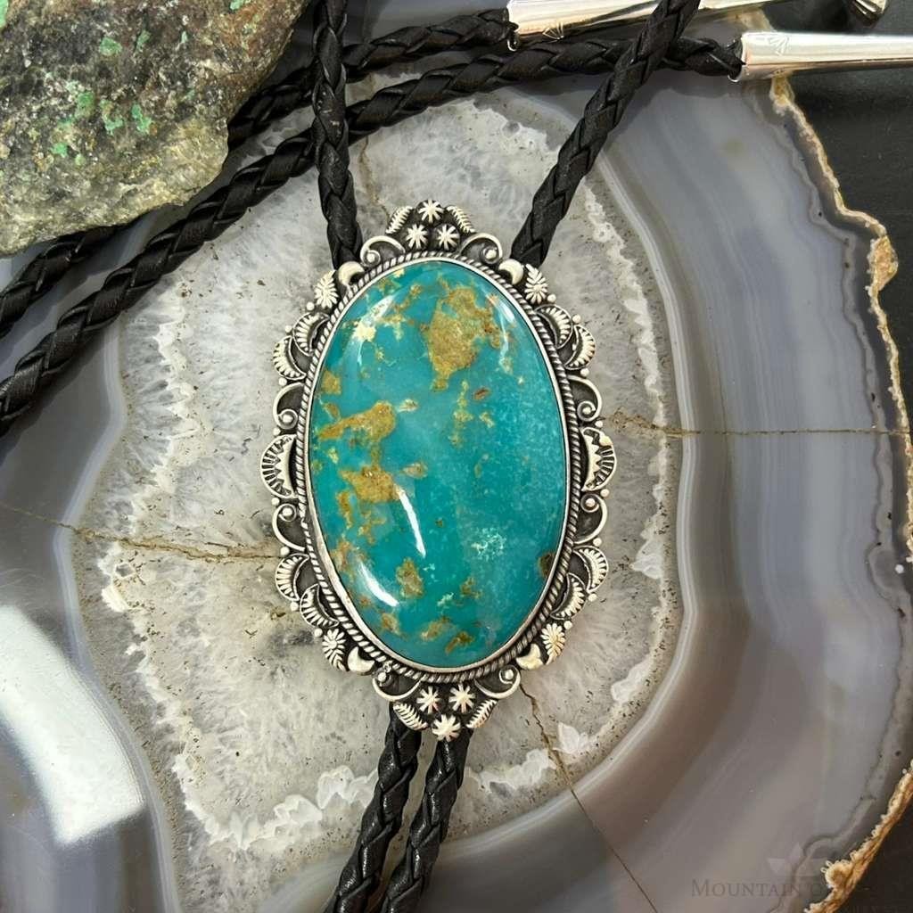 Sterling Silver Southwestern Style Large Oval Turquoise Decorated Bolo Tie For Men