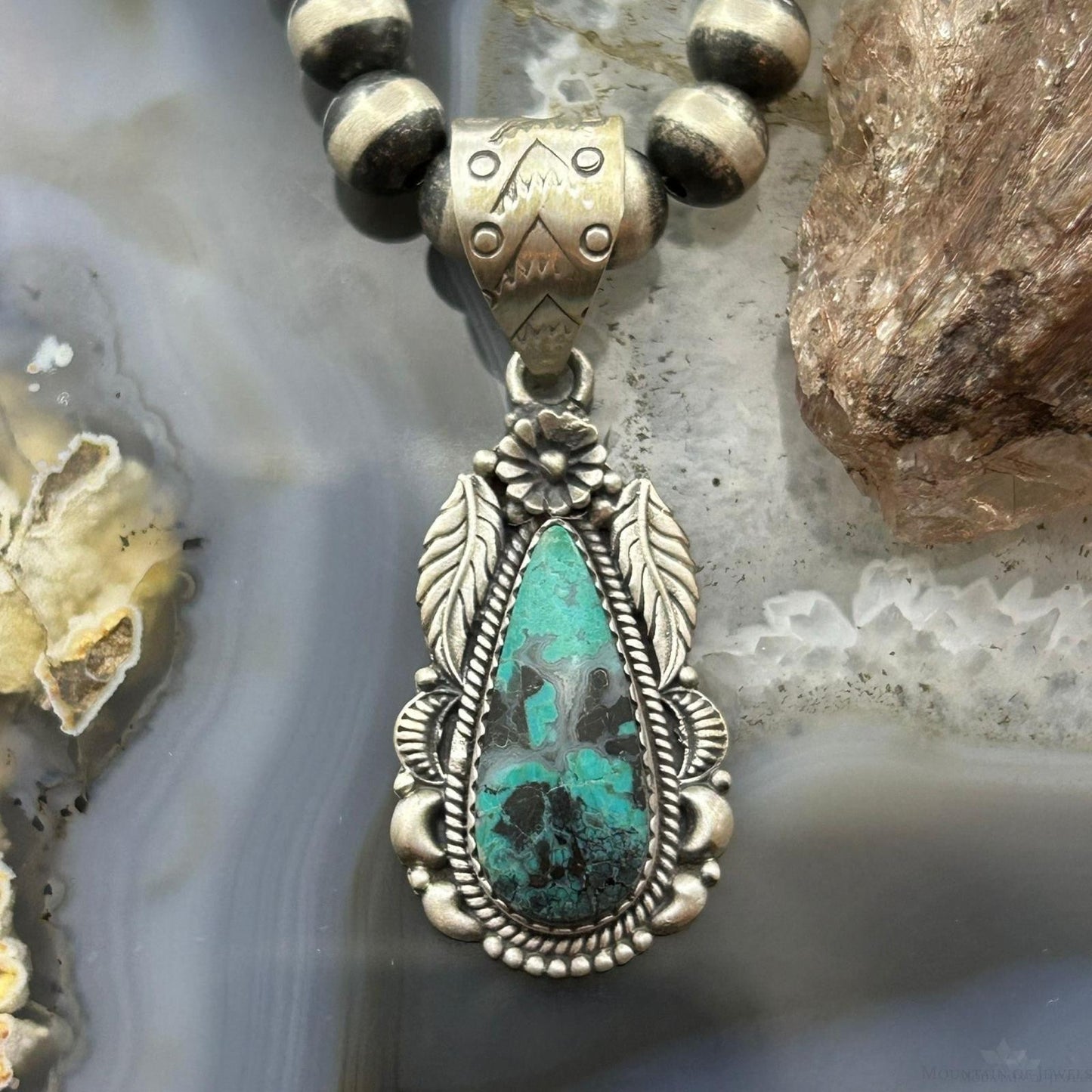 Sterling Silver Southwestern Style Teardrop Matrix Turquoise Decorated Pendant For Women