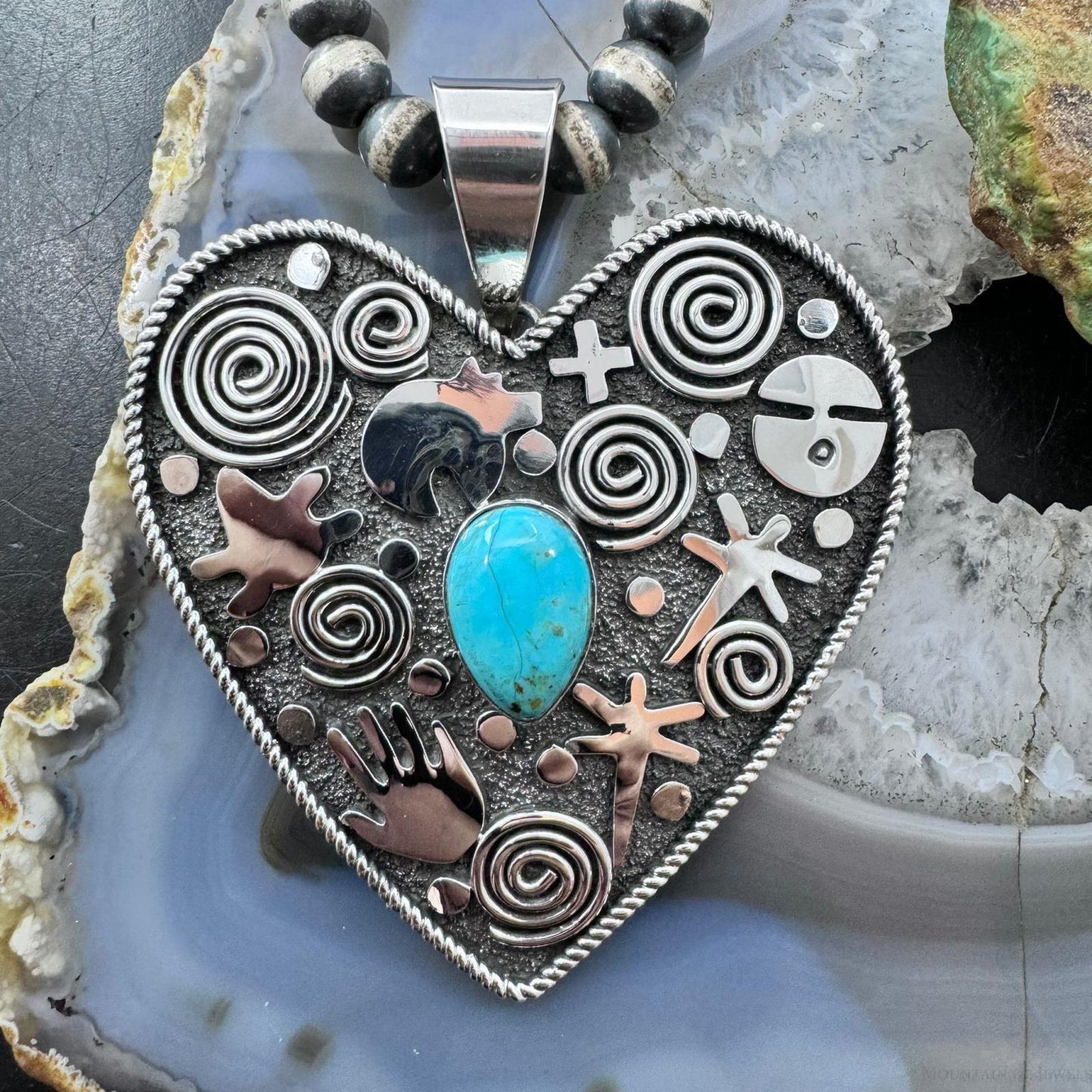 Alex Sanchez Sterling Silver Turquoise Petroglyph Heart Shape Pendant For Women