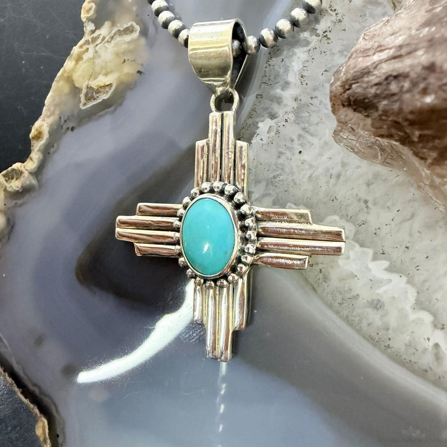 Sterling Silver Southwestern Style Oval Turquoise Unisex Zia Pendant