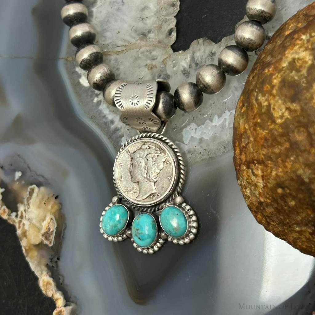 Genuine 1942 90% Silver Mercury Dime Coin Mohave Turquoise Unisex Pendant