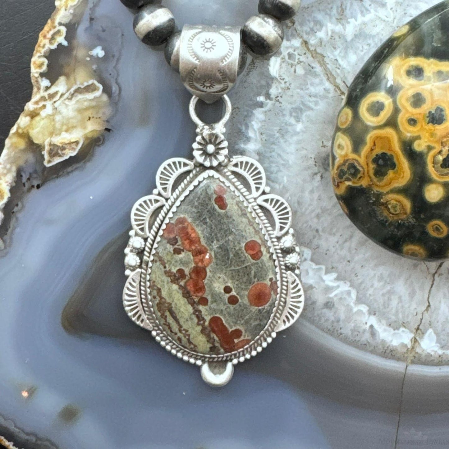 Sterling Silver Southwestern Style Elongated Teardrop Peanut Obsidian Pendant For Women