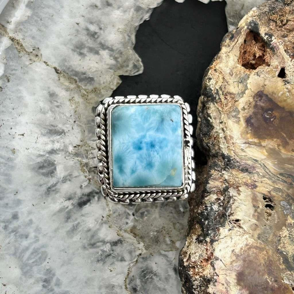 Sterling Silver Southwestern Style Larimar Decorated Bar Ring Size 6.5 For Women