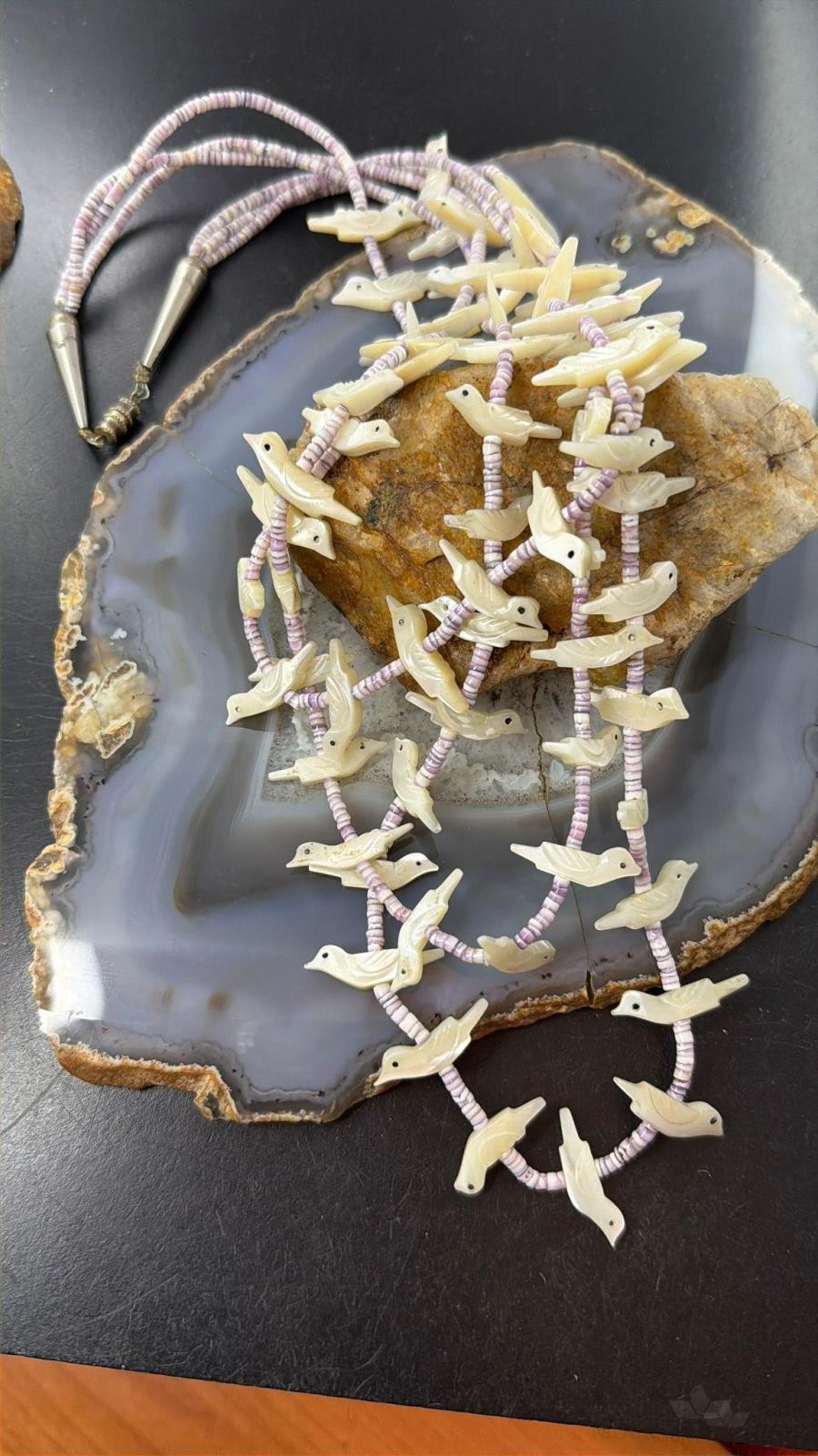 Vintage Sterling Silver 3 Strands White Shell Carved Birds & Shell Necklace For Women