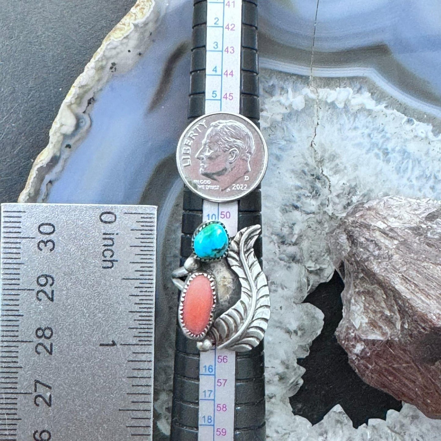 Vintage Signed Native American Silver Coral & Turquoise Leaves Decorated Ring For Women