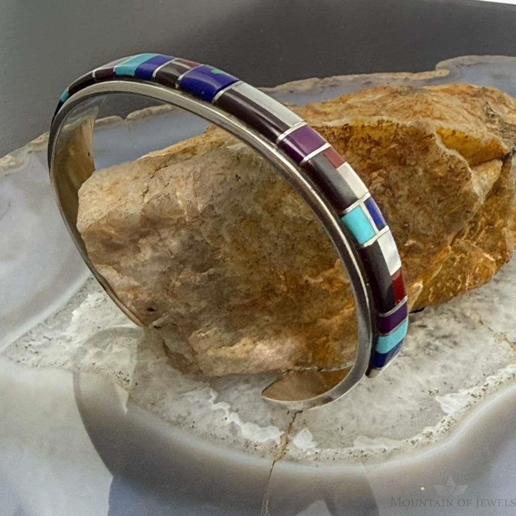 Vintage Native American Sterling Silver Multi Stone Inlay Bracelet For Women