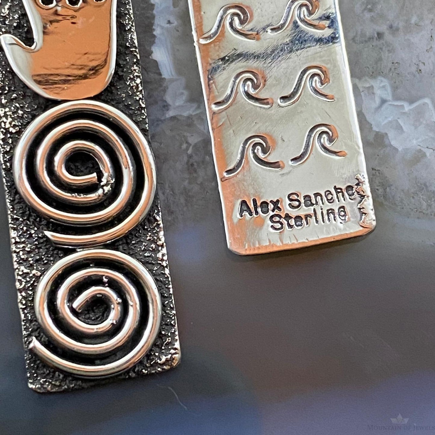 Alex Sanchez Native American Sterling Silver Long Rectangle Petroglyph Dangle Earrings For Women