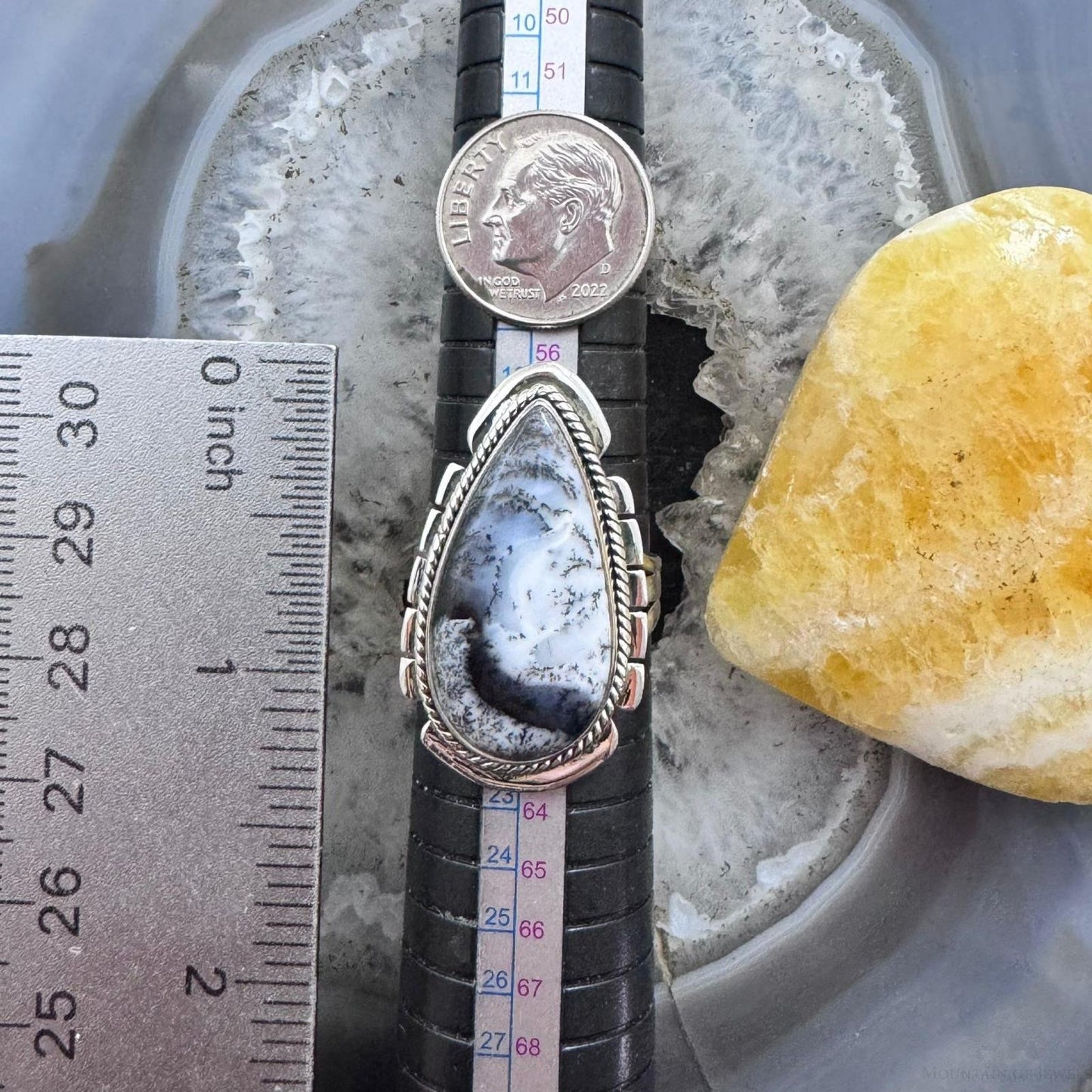 Sterling Silver Southwestern Style Elongated Teardrop Dendrite Agate Ring Size 9.25 For Women
