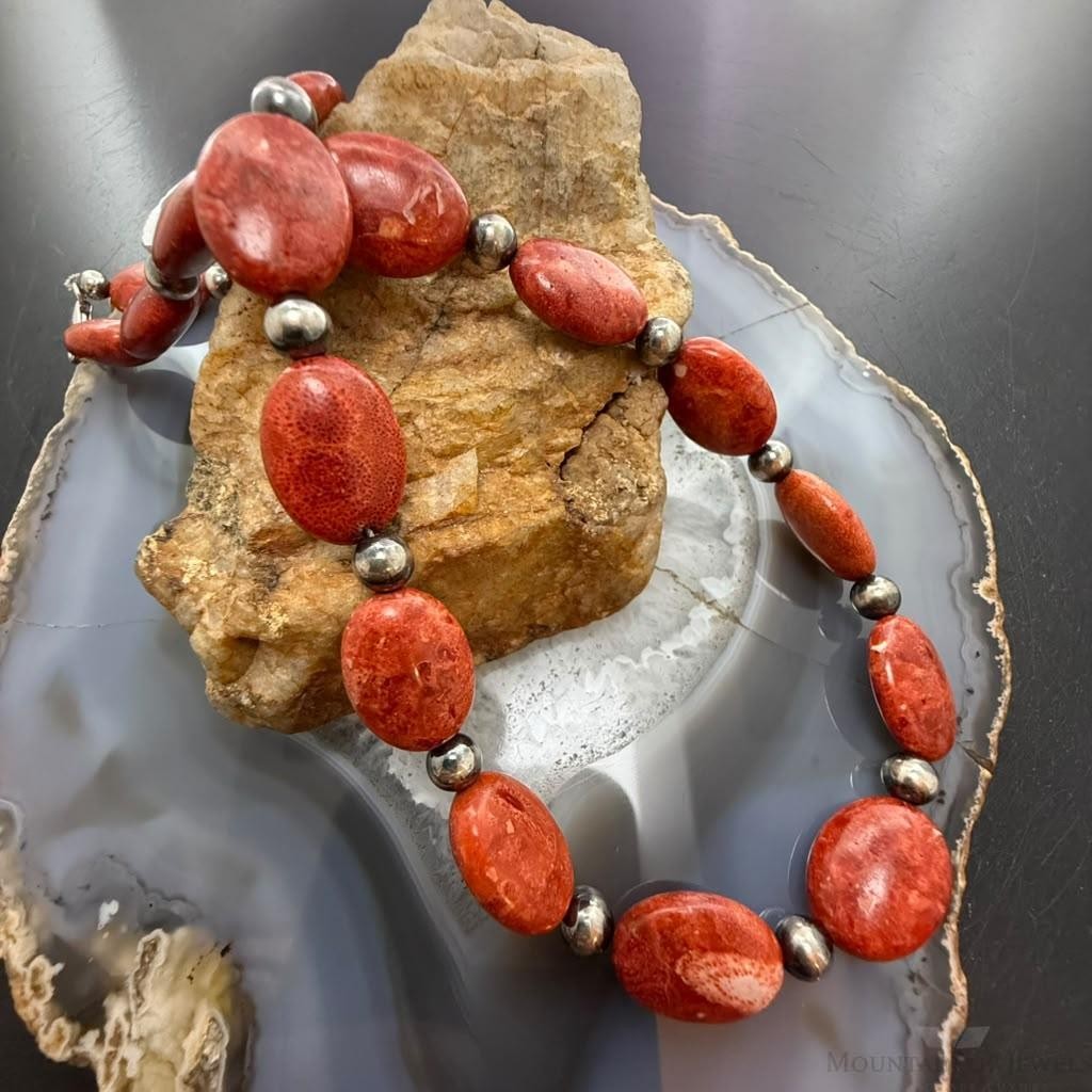 Carolyn Pollack Sterling Silver Oval Coral Beads 17"-20" Necklace For Women