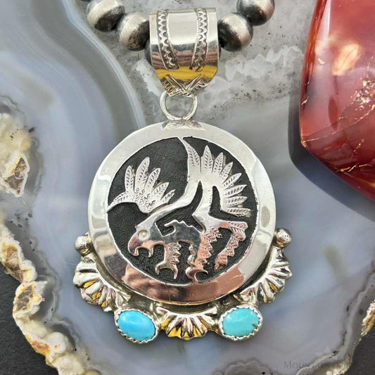 Alonzo Mariano Native American Sterling Silver Overlay Eagle & Turquoise Unisex Pendant