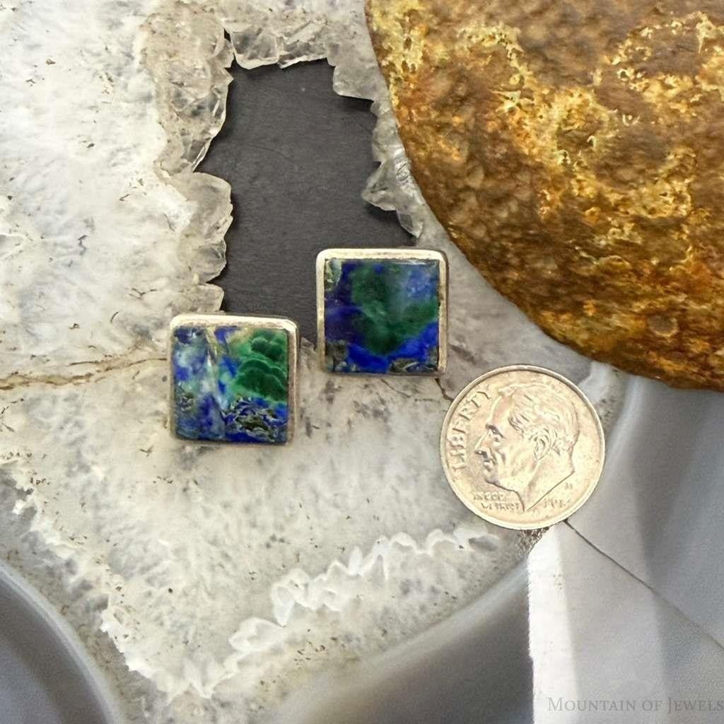 Vintage Sterling Silver Square Azurite Malachite Stud Earrings For Women