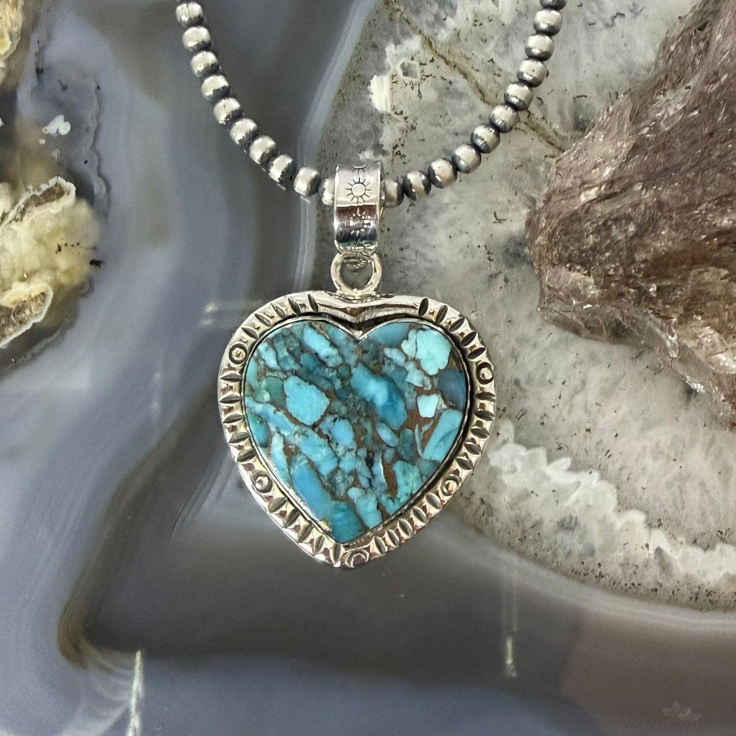 Sterling Silver Southwestern Style Blue Turquoise Dahlia Heart Pendant For Women