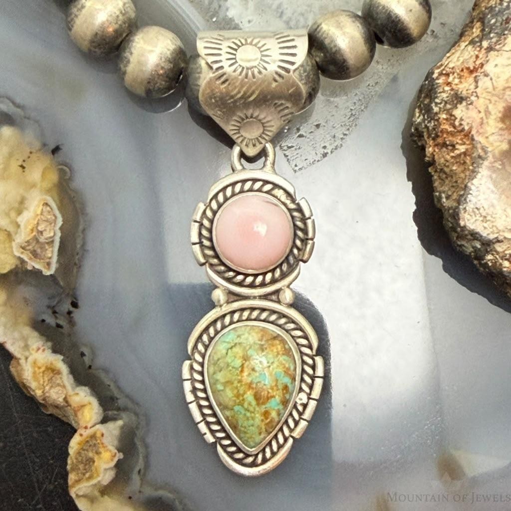 Sterling Silver Southwestern Style Pink Conch & Turquoise Pendant For Women #1