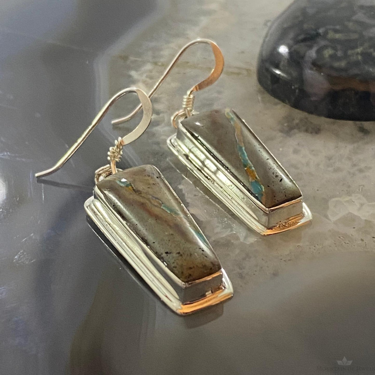 Native American Sterling Trapezoid Boulder Ribbon Turquoise Dangle Earrings #1