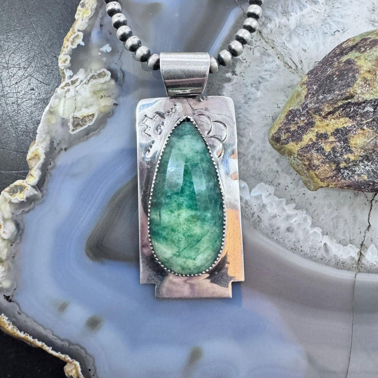 Frank Chavez Native American Sterling Silver Teardrop Faceted Moss Agate Pendant