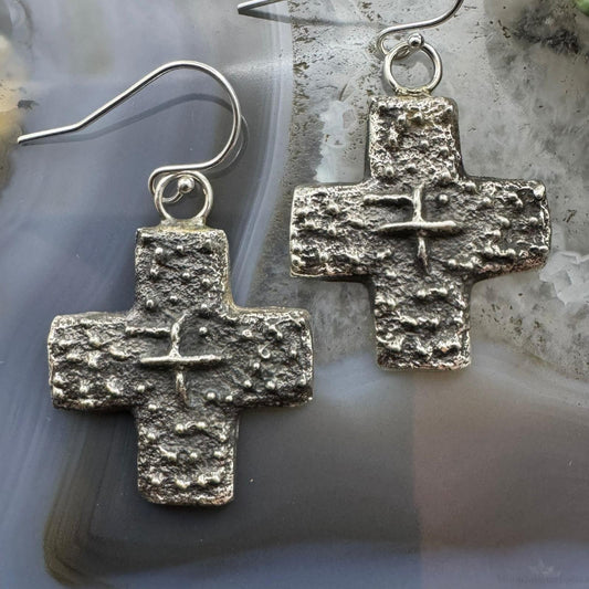 Cheyenne Custer Sterling Silver Tufa Cast Cross Dangle Earrings For Women