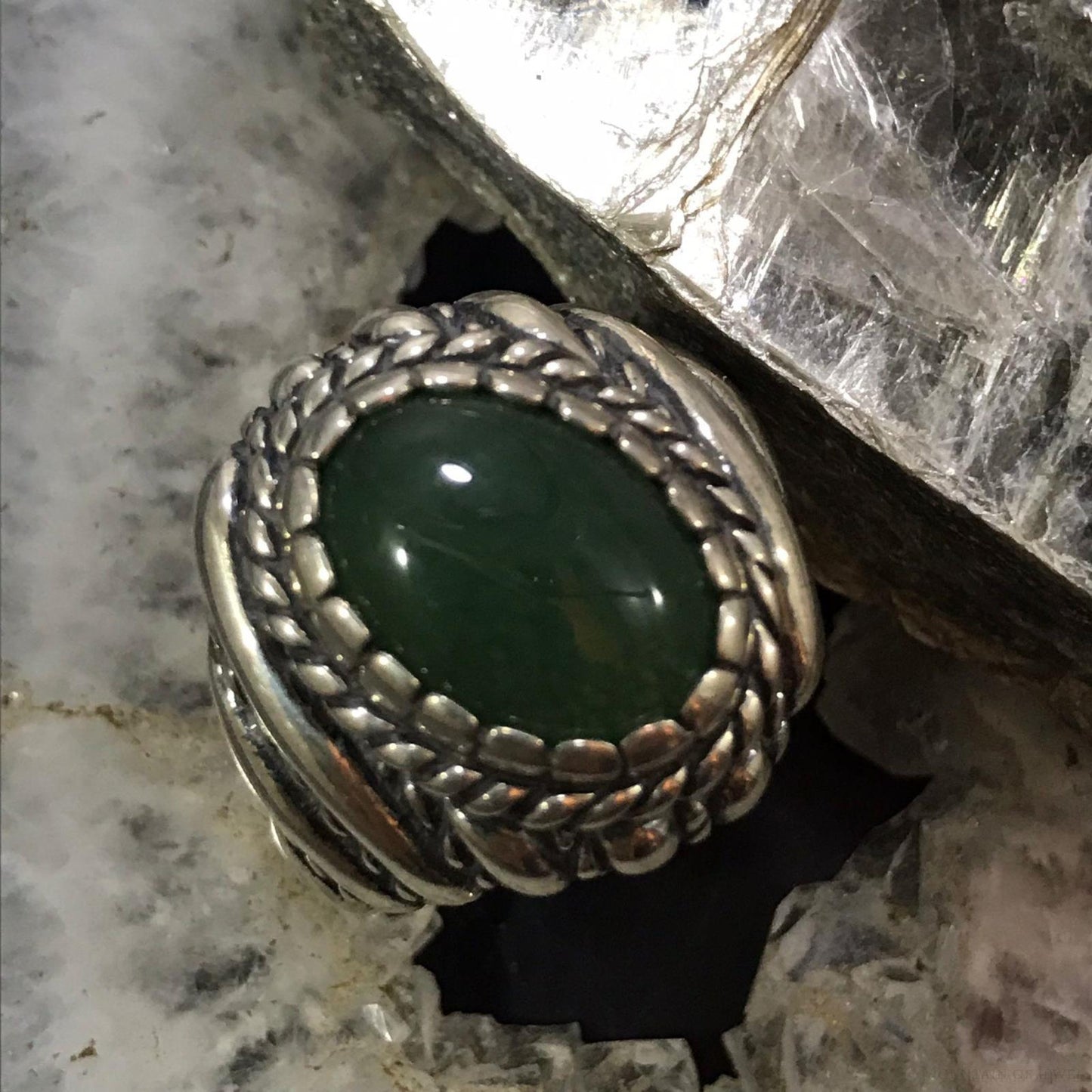 Carolyn Pollack Sterling  Silver Oval Green Aventurine Decorated Ring Size 11 For Women