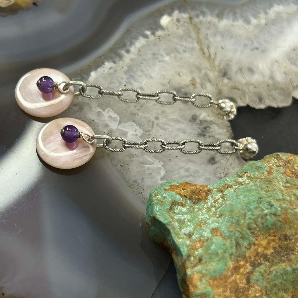 Carolyn Pollack Sterling Silver Pink MOP & Amethyst Dangle Earrings For Women