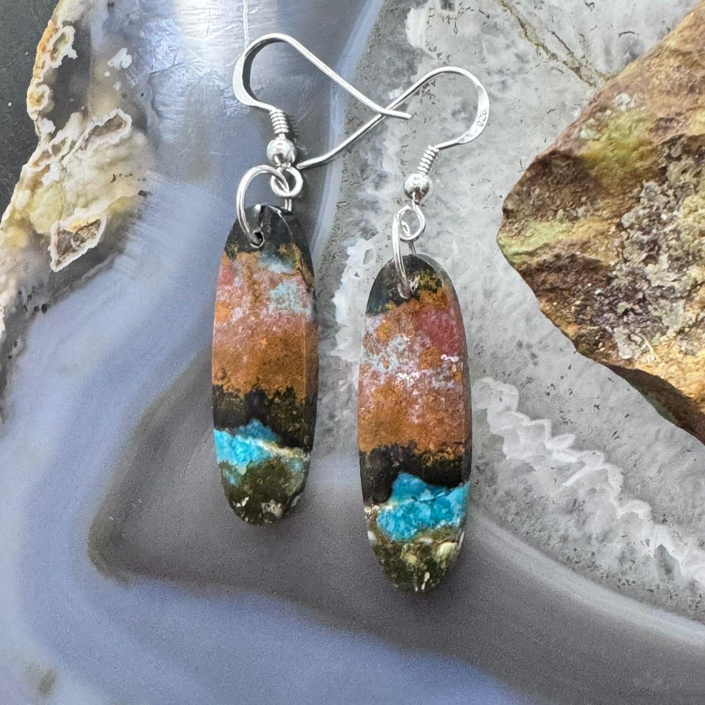 Sterling Silver Elongated Oval Chrysocolla Slab Dangle Earrings For Women #227