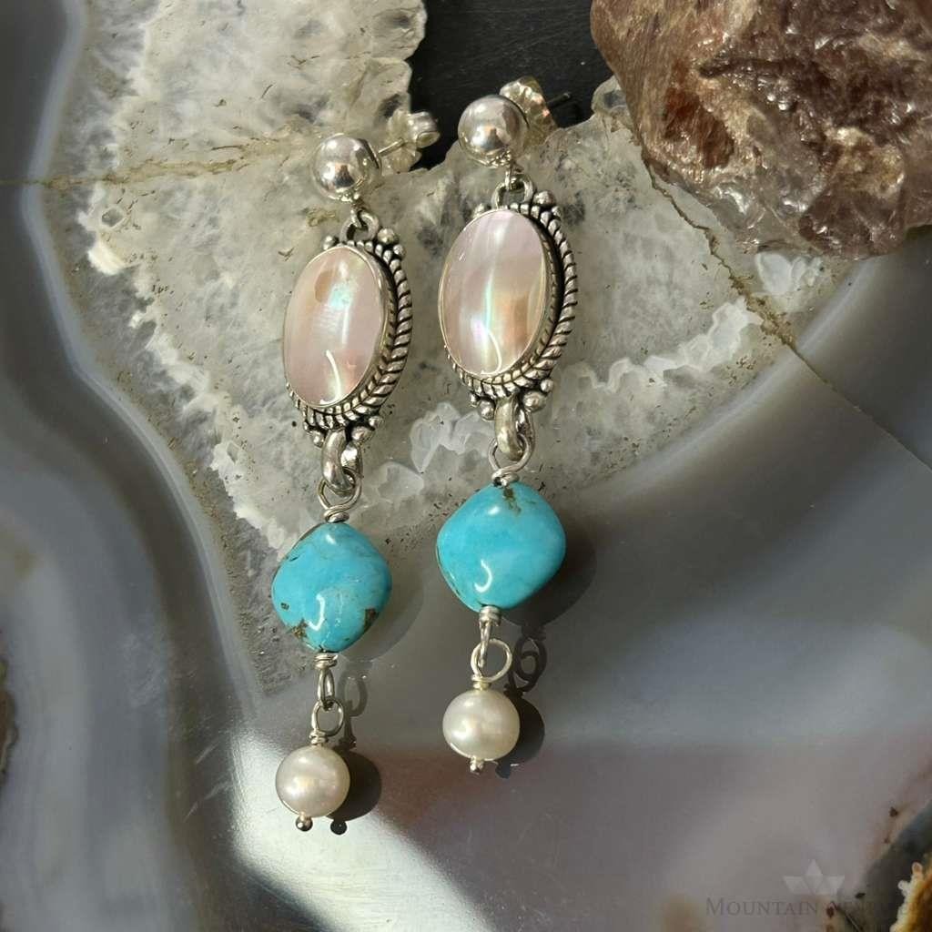 Carolyn Pollack Sterling Silver MOP & Turquoise Dangle Earrings For Women