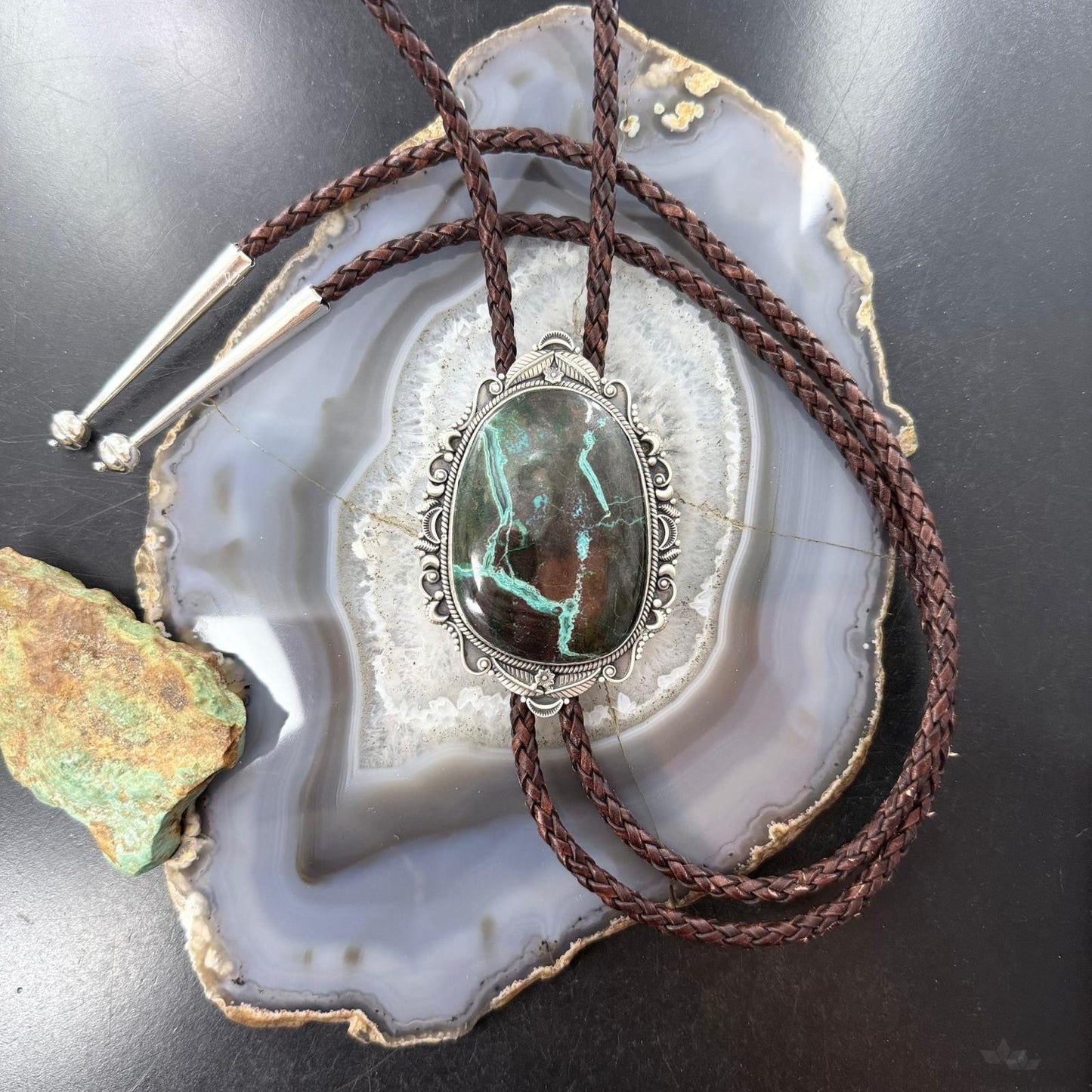 Sterling Silver Southwestern Style Oval Large Blackjack Turquoise Bolo Tie For Men