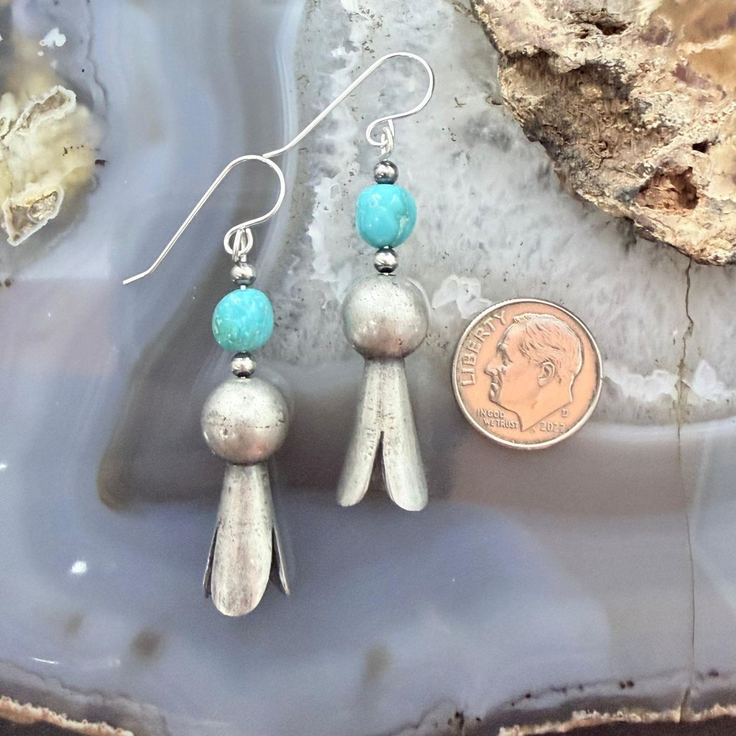 Sterling Silver Southwestern Style Squash Blossom Turquoise Dangle Earrings For Women