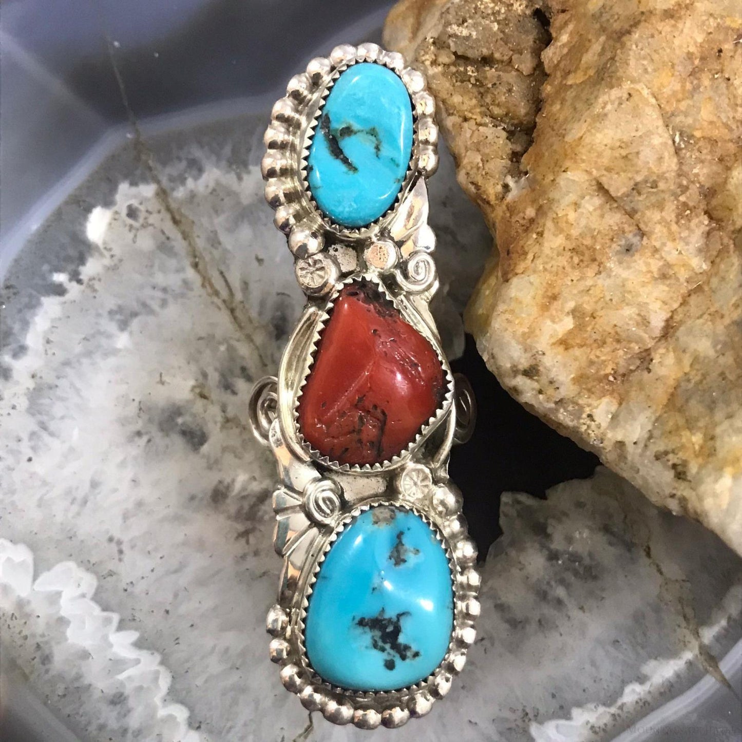 Silver Ray Sterling Silver 2 Turquoise 1 Coral Decorated Ring Size 8.5 For Women