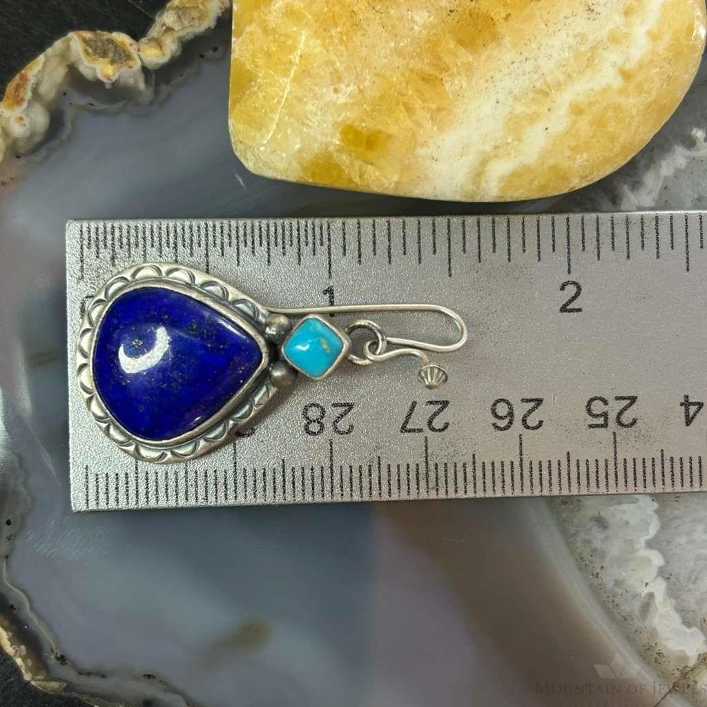 Native American Sterling Silver Teardrop Lapis & Turquoise Dangle Earrings For Women