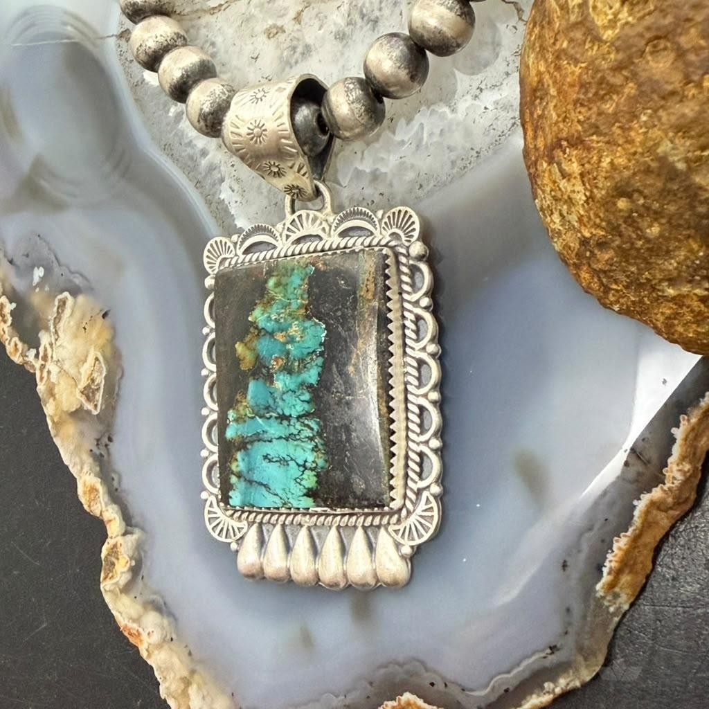 Sterling Silver Southwestern Style Rectangle Blackjack Turquoise Decorated Pendant #3