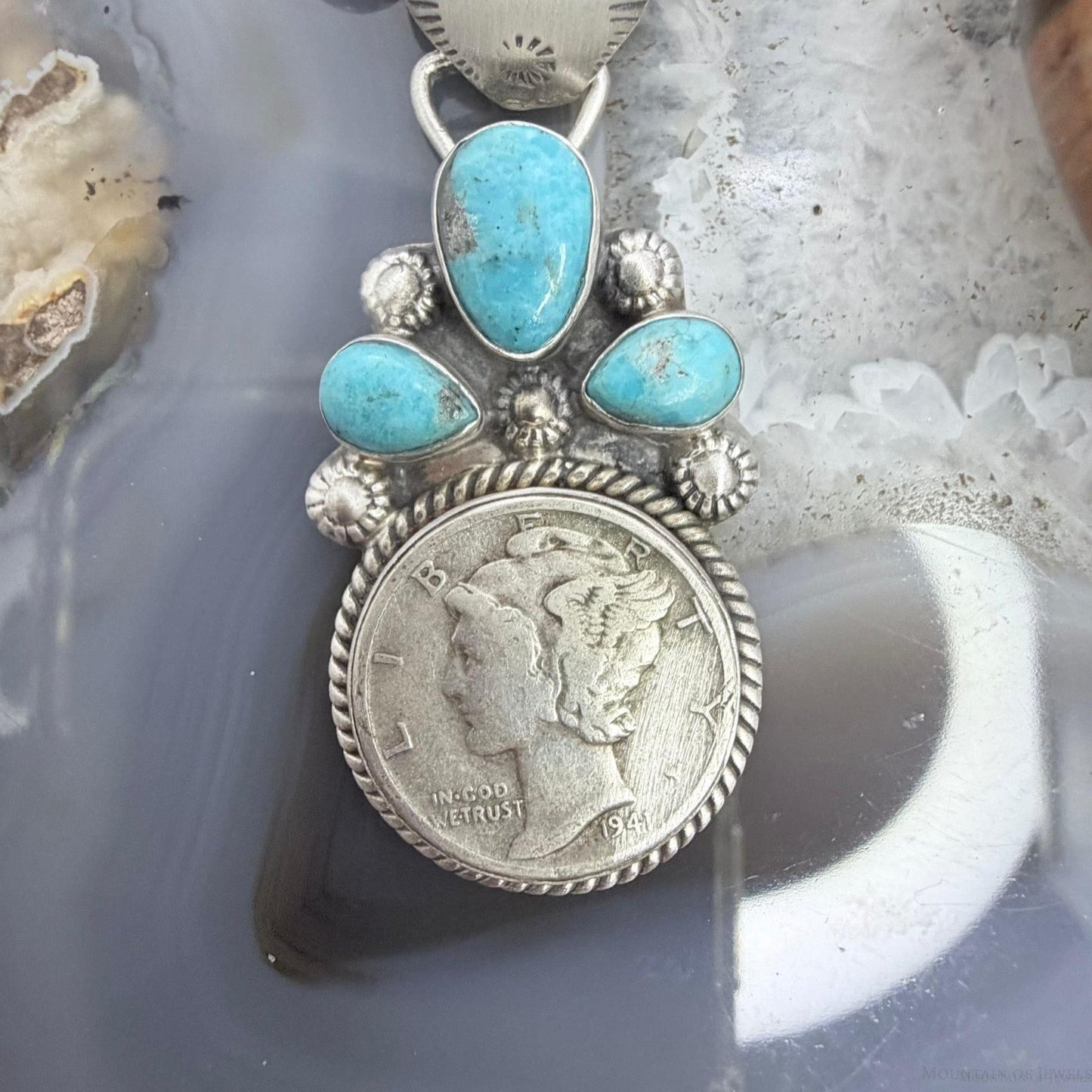 Genuine 1941 90% Silver Mercury Dime Coin Mohave Turquoise Unisex Pendant